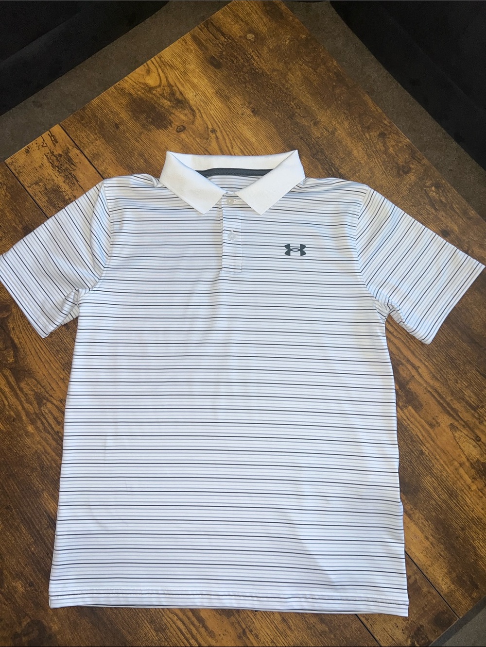 Under Armour Boys White Polo with Thin Navy Stripes